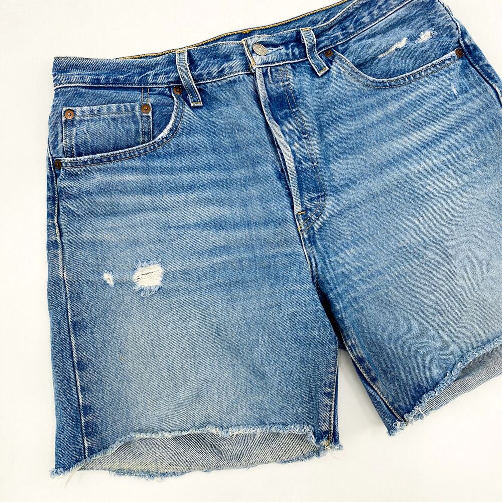 Levi's 501 denim raw hem distressed long shorts